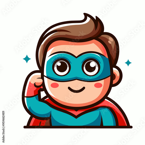 Smiling superhero kid flexing muscles with colorful cape