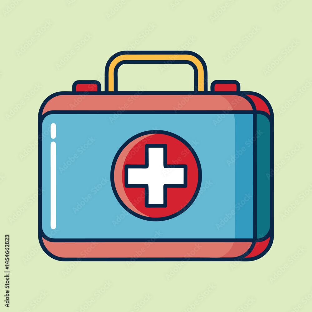 Fototapeta premium Stylized First Aid Kit with Handle, Red Cross, on Green Background