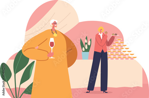 Wedding guests eating drinking vector illustration