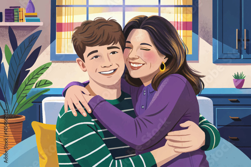 Grateful teenage son hugging smiling middle-aged mother at home, expressing love, care, and strong family bond. Perfect for parenting, emotional connection, and happy family lifestyle themes