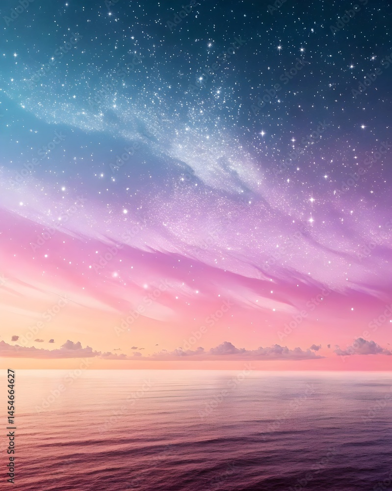 Ethereal seascape with pastel twilight sky awash in twinkling stars, depicting tranquility and wonder, ideal for backgrounds, dreamlike visuals, and concepts of peace and cosmic connection. Ethereal seascape with pastel twilight sky awash in twinkling stars, depicting tranquility and wonder, ideal for backgrounds, dreamlike visuals, and concepts of peace and cosmic connection.