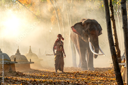 Traditional Asian Mahout Standing Beside Elephant in Forest. Portrait of an Asian Mahout Beside Elephant.