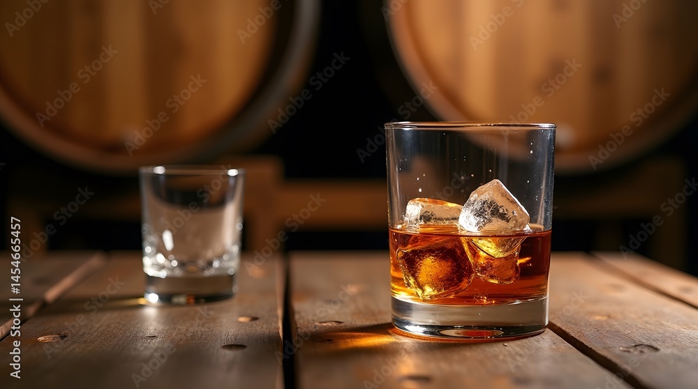 Elegant bourbon drink with ice on a rustic wooden table, perfect for bar, restaurant, or spirits-related themes. Elegant bourbon drink with ice on a rustic wooden table, perfect for bar, restaurant, or spirits-related themes.