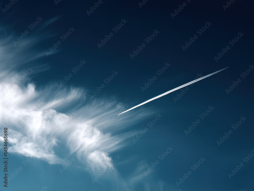 Bright blue sky with wispy clouds and high altitude jet trail creating streak across sky, evoking sense of movement Bright blue sky with wispy clouds and high altitude jet trail creating streak across sky, evoking sense of movement