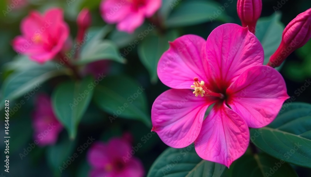 Fototapeta premium Bold fuchsia blossoms in vibrant floral print , lush, vivid