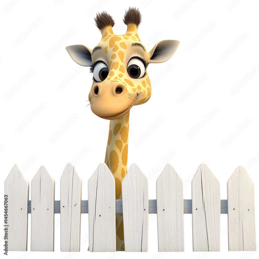 Naklejka premium Cartoon Giraffe Peeking Over White Fence Isolated on Transparent Background