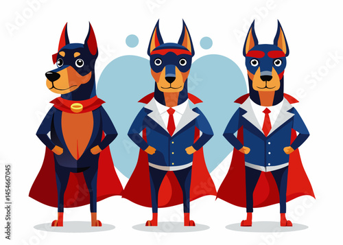Three Doberman Pinscher Superheroes in Suits and Capes