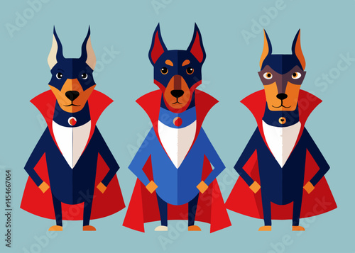 Three Doberman Pinschers Dressed as Superheroes in Red Capes