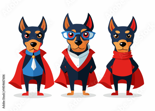 Three Doberman Pinschers in Red Capes Superhero Costume