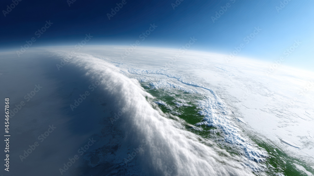 Fototapeta premium Aerial view of Earth from space showing large cloud formation over land and ocean, with clear blue sky and sunlight