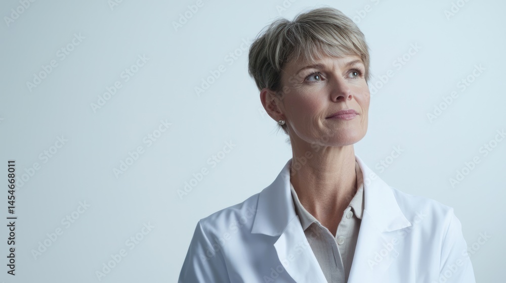 Female neurologist in lab coat, thoughtful look, standing against seamless white background Female neurologist in lab coat, thoughtful look, standing against seamless white background
