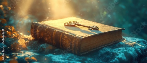 Ancient book resting on mystical stones.