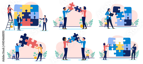 Business puzzle vector collection - Set of problem solving illustrations with businesspeople and jigsaw puzzle pieces working on finalising, completing and finding solutions to problems