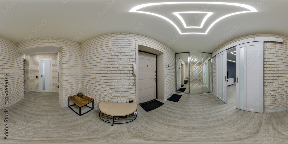 360 hdri panorama in corridor in interior of entrance hall of modern apartments in equrectangular projection
