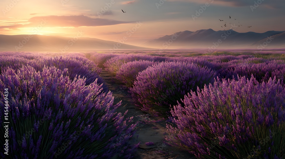 Obraz premium Vast lavender field basks in golden hour sunlight
