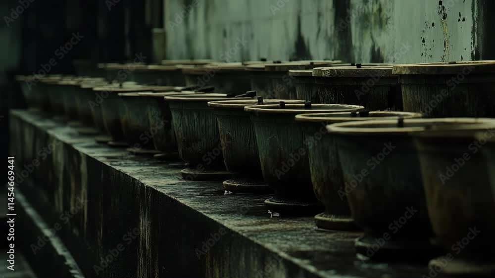 Row of weathered stone flower pots sitting on a ledge, repetitive arrangement, moody atmosphere, green textured wall backdrop, outdoor display Row of weathered stone flower pots sitting on a ledge, repetitive arrangement, moody atmosphere, green textured wall backdrop, outdoor display