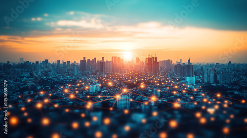 Smart City Sunset  Network  Technology  Urban Skyline  Connected Buildings  Communication