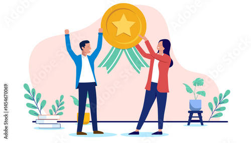 People winning in business - Two businesspeople, man and woman holding award or golden reward while cheering and smiling over success and triumph. Flat design vector illustration on white background