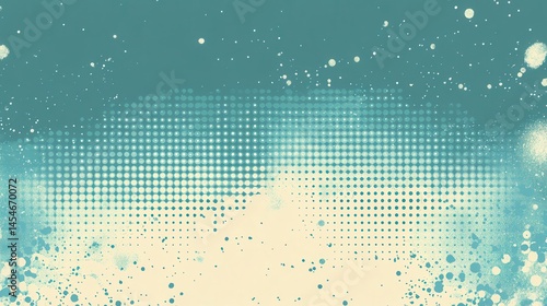 Abstract teal and cream background with halftone dots and splatter