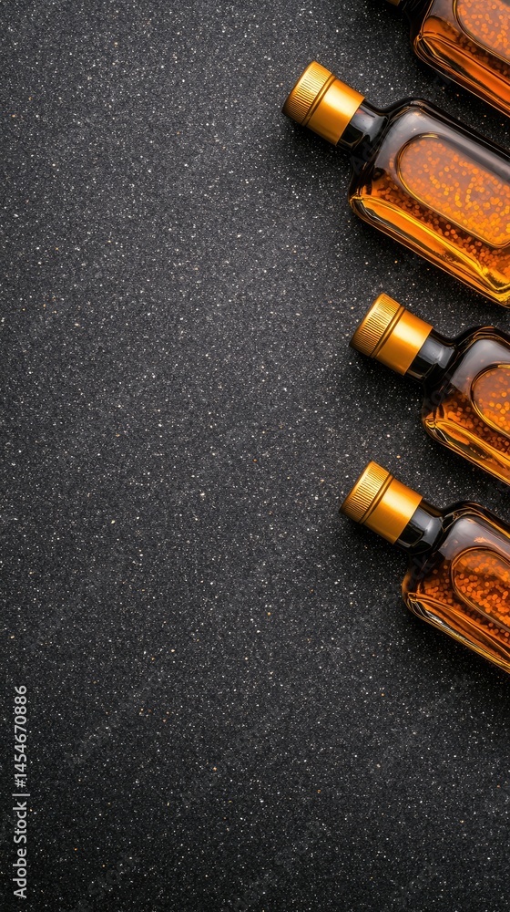 Several small, golden capped liquor bottles align neatly on speckled dark stone surface Several small, golden capped liquor bottles align neatly on speckled dark stone surface