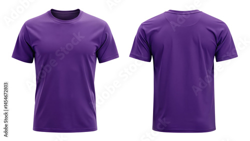 purple t shirt round neck template from two sides isolated on transparent white background, clipping path, pen tool 