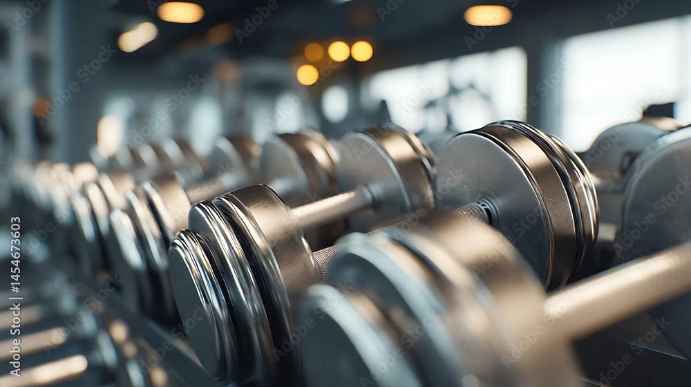 A close-up of a well-organized dumbbell rack in a contemporary gym, showcasing chrome metal dumbbells with a gleaming finish A close-up of a well-organized dumbbell rack in a contemporary gym, showcasing chrome metal dumbbells with a gleaming finish