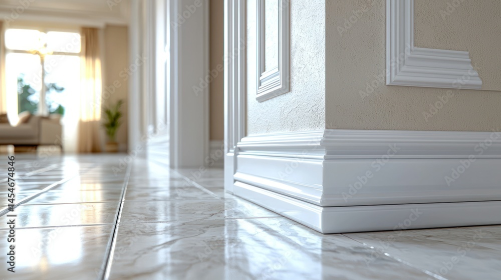 Fototapeta premium Elegant wall corner detail, marble floor, blurred light background
