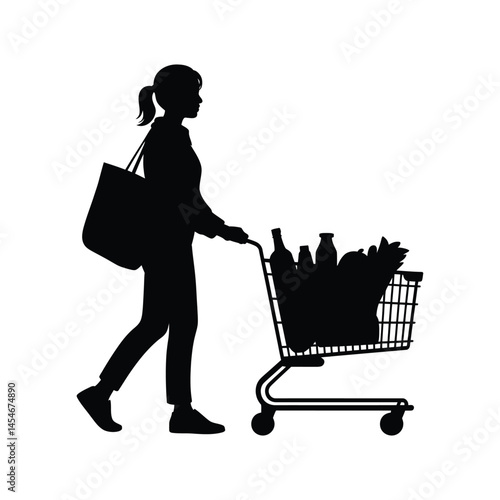 Woman with Full Shopping Cart Silhouette Vector Illustration