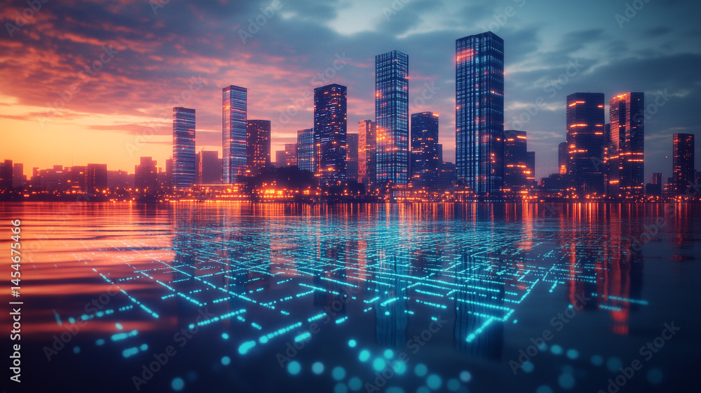 Obraz premium Futuristic Cityscape at Sunset Digital Network Reflection