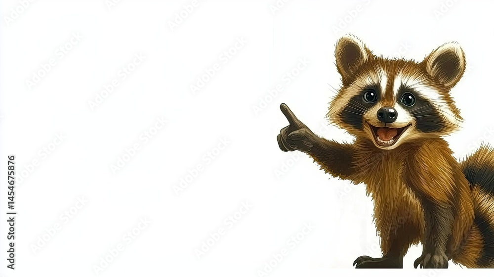Obraz premium Raccoon smiling pointing finger to the side. space for text. cartoon look. plain white background