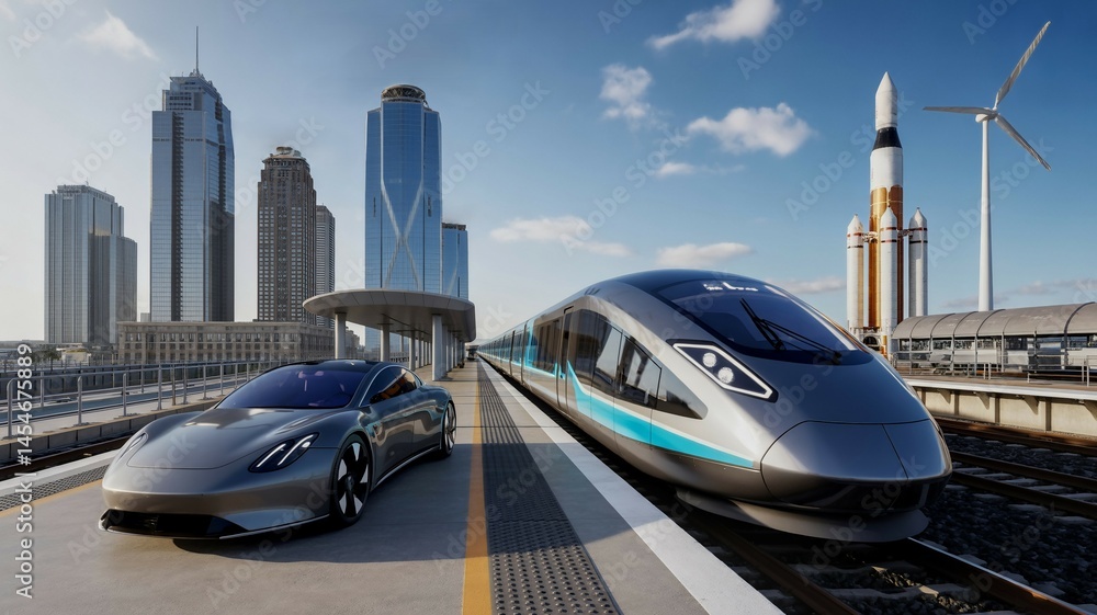 Electric car and train at station with rocket and wind turbine. Electric car and train at station with rocket and wind turbine.