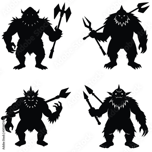 Black Silhouette Illustration Of Four Monstrous Warriors With Weapons Set On White