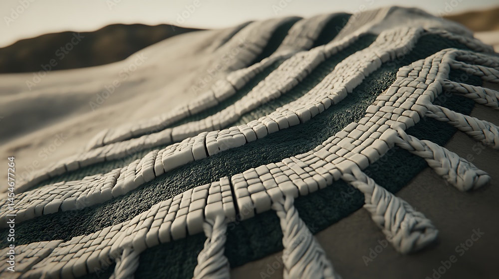 Detailed close-up of a textured fabric draped over a sandy surface in a serene desert landscape Detailed close-up of a textured fabric draped over a sandy surface in a serene desert landscape
