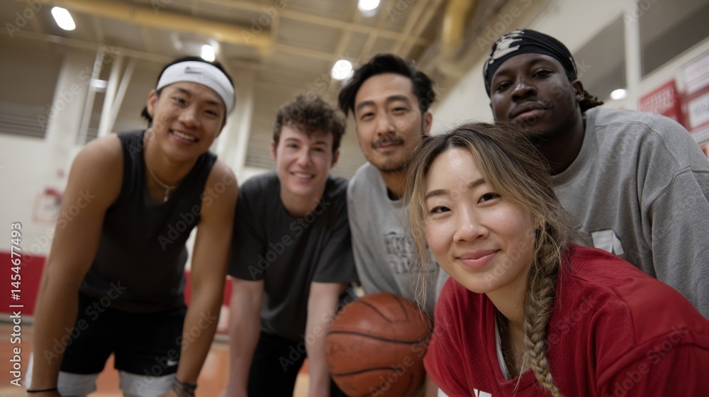 A sports team comprised of athletes from different ethnic and gender backgrounds working together in practice to emphasize teamwork and inclusion in sports.