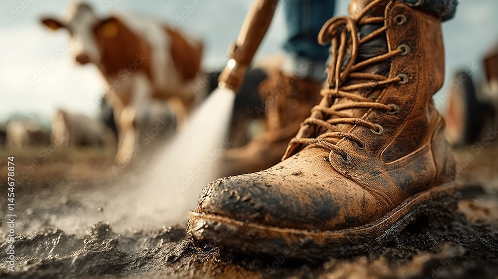 A muddy work boot being sprayed with water on a farm, with a cow in the background. A muddy work boot being sprayed with water on a farm, with a cow in the background.