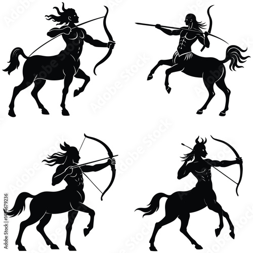 Black Centaur Silhouette Collection With Bow And Arrow In Various Poses Design