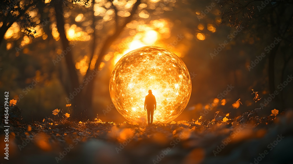 Fototapeta premium Person facing glowing sphere in forest at sunset