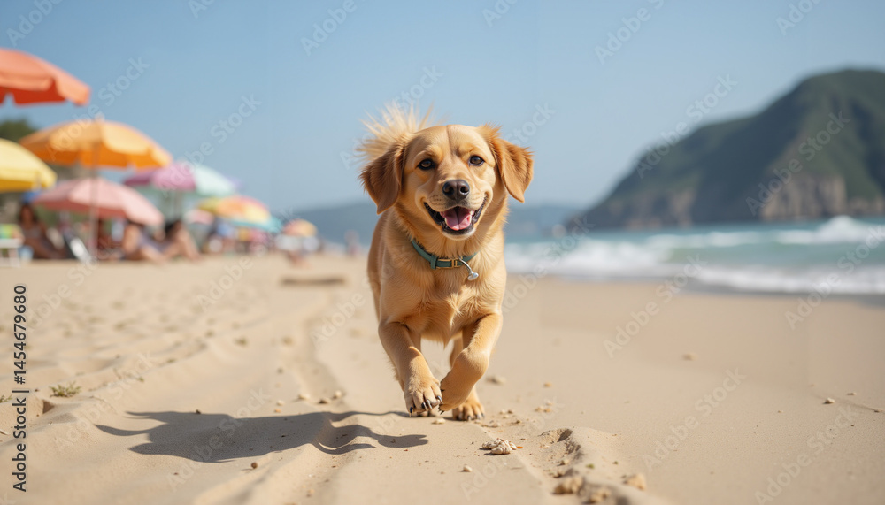 Golden Retriever with a Joyful Mood Running on the Beach Amidst Colorful Umbrellas Golden Retriever with a Joyful Mood Running on the Beach Amidst Colorful Umbrellas