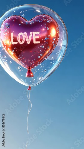 Colorful Heart Shaped Balloon of Love Floating in Clear Sky, Evoking Joy and Affection