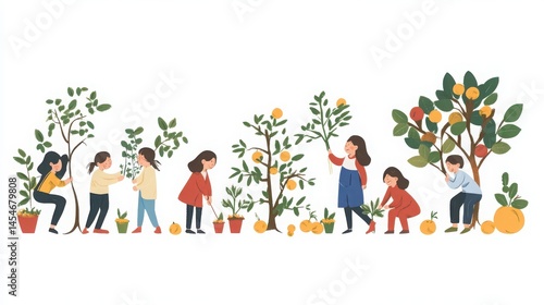 Girls tending to and harvesting citrus trees