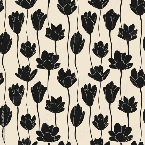 Seamless floral concise black and white handmade ink drawing tulips for fabric design, decor, ceramics, greeting cards, flowers, texture print for backgrounds