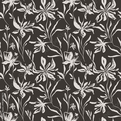 Seamless floral vector laconic black and white ink vintage handmade pattern for fabric design, decor, ceramics, greeting cards, flowers, texture print on a dark background