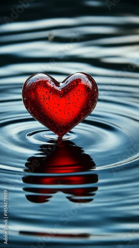 Floating Red Heart Bubble Reflection on Water Creates Tranquil Atmosphere