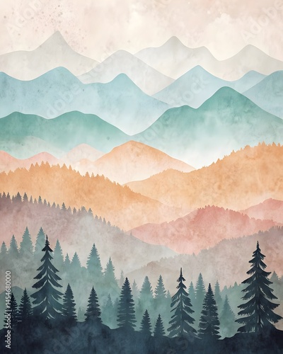 Watercolor mountain range landscape illustration with coniferous forest in foreground and layered mountains in the background. Decorative background for design and print.