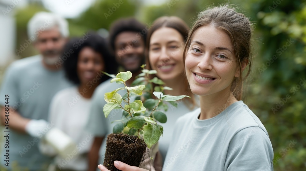 Cheerful female volunteer smiling while holding small sapling during collaborative reforestation project, working alongside diverse group in lush outdoor environment