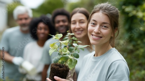 Obraz na płótnie Cheerful female volunteer smiling while holding small sapling during collaborative reforestation project, working alongside diverse group in lush outdoor environment w salonie