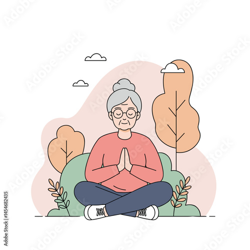 Elderly woman in glasses meditates in the park for mindfulness, senior wellness concept and international yoga day