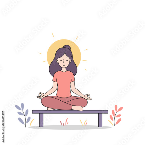 Girl meditating on bench for mindfulness, youth wellness concept and international yoga day