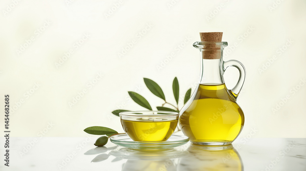 Elegant presentation of olive oil in a glass bottle and small dish with olive leaves as decoration Elegant presentation of olive oil in a glass bottle and small dish with olive leaves as decoration
