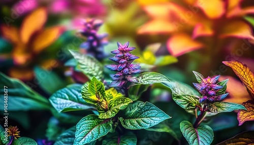 Cluster of hydrangeas in pink, purple, blue, and yellow surrounded by green leaves.